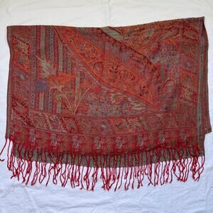 Vintage Red Paisley Pashmina w/ Fringe EUC 27"x82"
